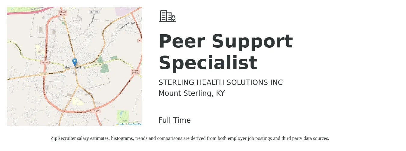 STERLING HEALTH SOLUTIONS INC job posting for a Peer Support Specialist in Mount Sterling, KY with a salary of $14 to $18 Hourly with a map of Mount Sterling location.