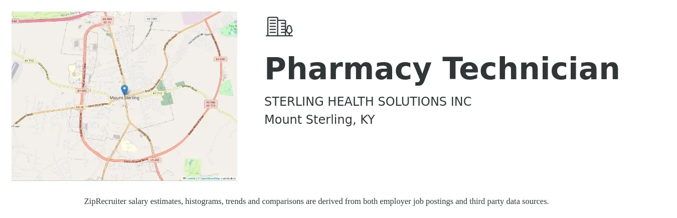 Sterling Health Solutions job posting for a Pharmacy Technician in Mount Sterling, KY with a salary of $14 to $18 Hourly with a map of Mount Sterling location.