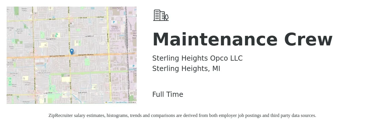 Sterling Heights Opco LLC job posting for a Maintenance Crew in Sterling Heights, MI with a salary of $16 to $23 Hourly with a map of Sterling Heights location.