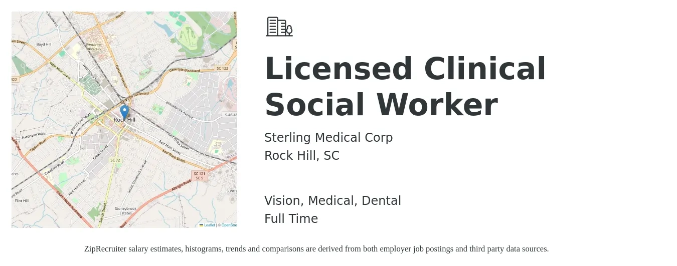 Sterling Medical Corp job posting for a Licensed Clinical Social Worker in Rock Hill, SC with a salary of $59,800 to $93,000 Yearly and benefits including vision, dental, life_insurance, medical, pto, and retirement with a map of Rock Hill location.