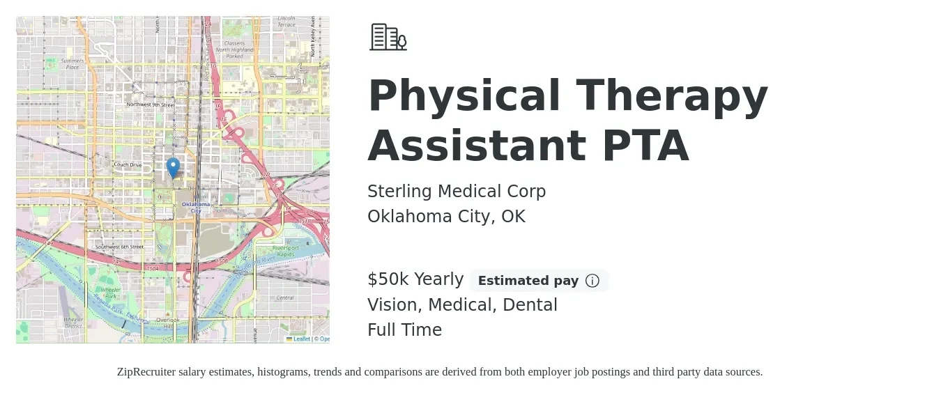 Sterling Medical Corp job posting for a Physical Therapy Assistant PTA in Oklahoma City, OK with a salary of $50,000 Yearly and benefits including dental, life_insurance, medical, pto, and vision with a map of Oklahoma City location.