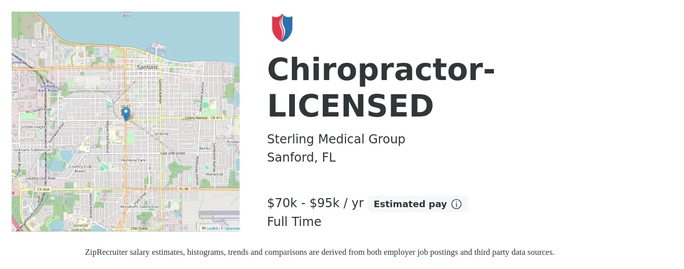 Sterling Medical Group job posting for a Chiropractor-LICENSED in Sanford, FL with a salary of $70,000 to $95,000 Yearly with a map of Sanford location.