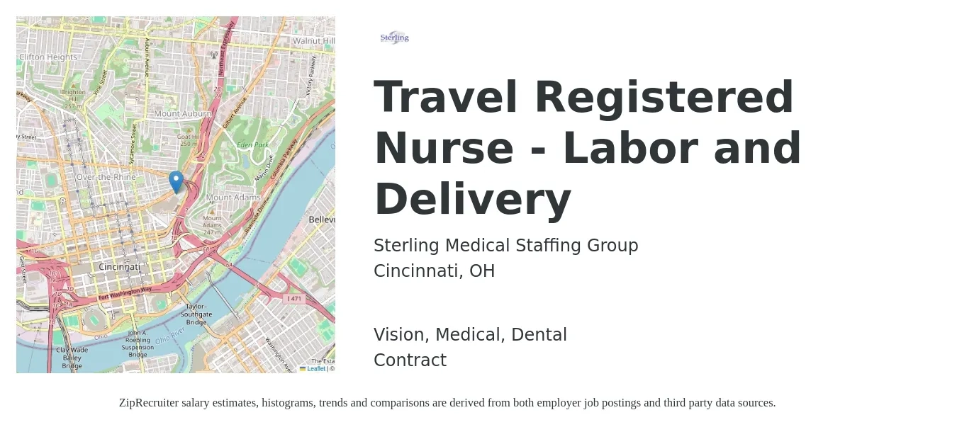 Sterling Medical Staffing Group job posting for a Travel Registered Nurse - Labor and Delivery in Cincinnati, OH with a salary of $2,232 to $2,304 Weekly and benefits including vision, dental, life_insurance, medical, and retirement with a map of Cincinnati location.