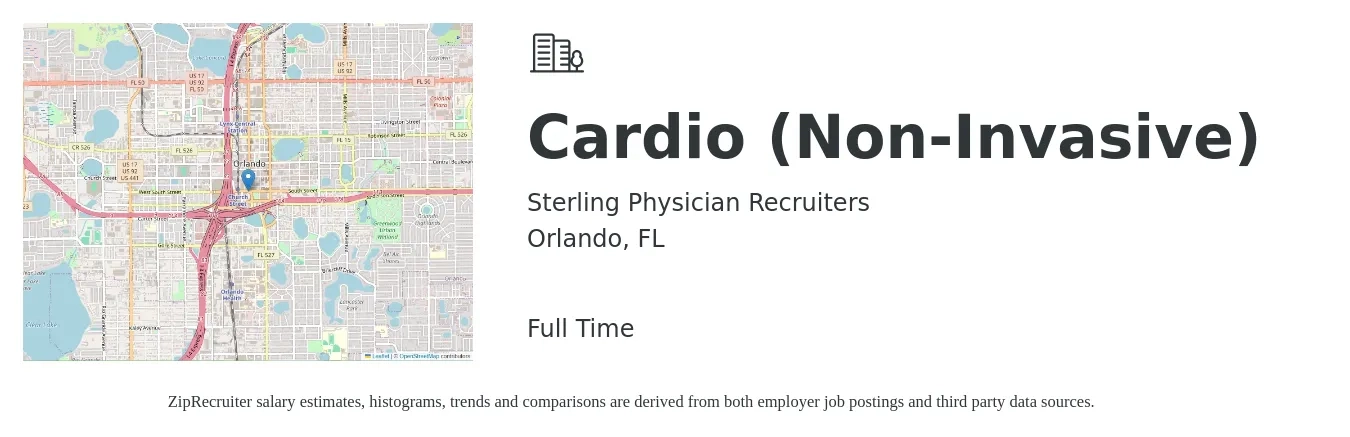 Sterling Physician Recruiters job posting for a Cardio (Non-Invasive) in Orlando, FL with a salary of $319,000 to $374,100 Yearly with a map of Orlando location.