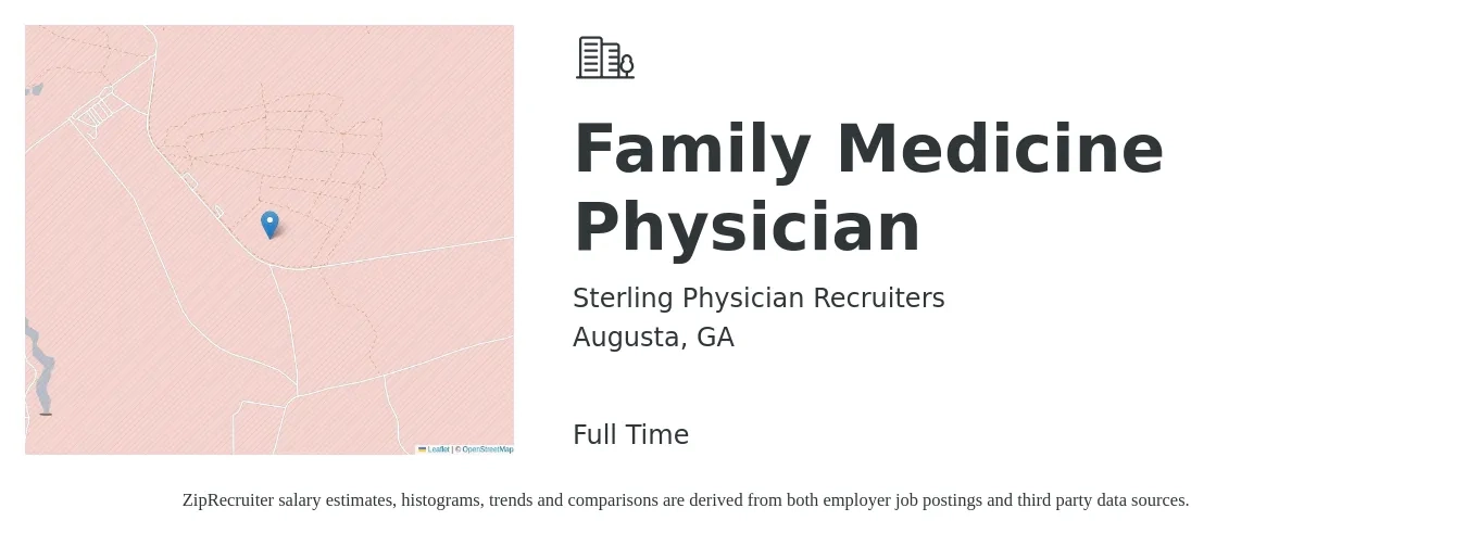 Sterling Physician Recruiters job posting for a Family Medicine Physician in Augusta, GA with a salary of $103,200 to $200,100 Yearly with a map of Augusta location.