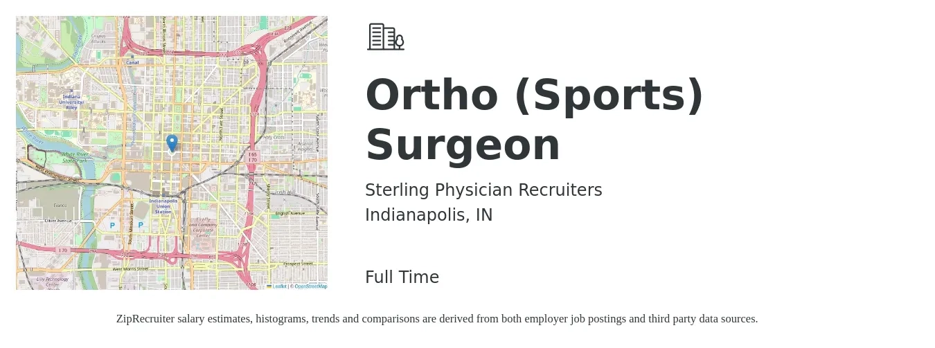 Sterling Physician Recruiters job posting for a Ortho (Sports) Surgeon in Indianapolis, IN with a salary of $308,700 to $334,600 Yearly with a map of Indianapolis location.