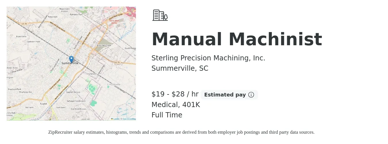 Sterling Precision Machining, Inc. job posting for a Manual Machinist in Summerville, SC with a salary of $20 to $30 Hourly and benefits including 401k, and medical with a map of Summerville location.