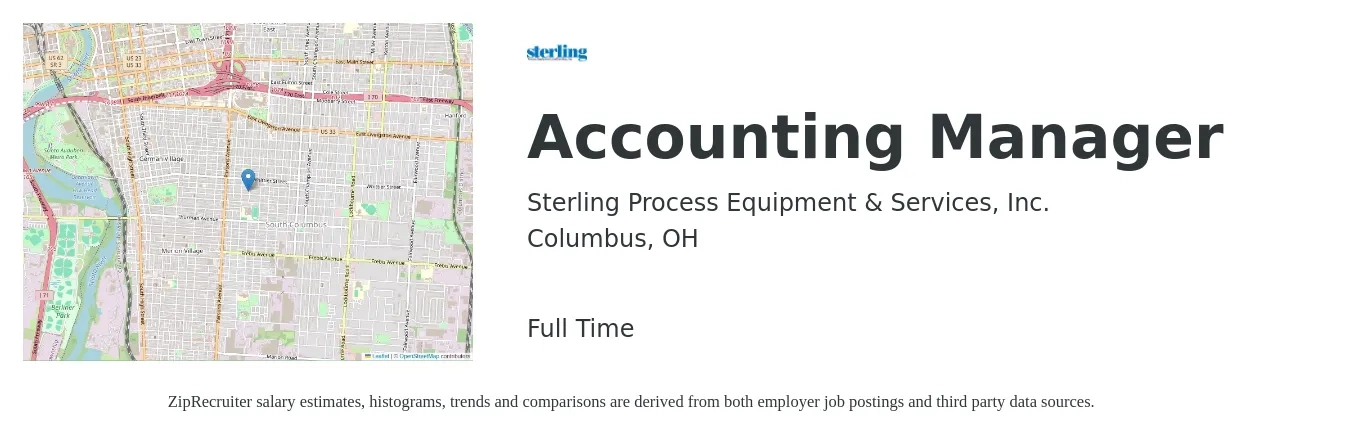 Sterling Process Equipment & Services, Inc. job posting for a Accounting Manager in Columbus, OH with a salary of $75,300 to $108,200 Yearly with a map of Columbus location.