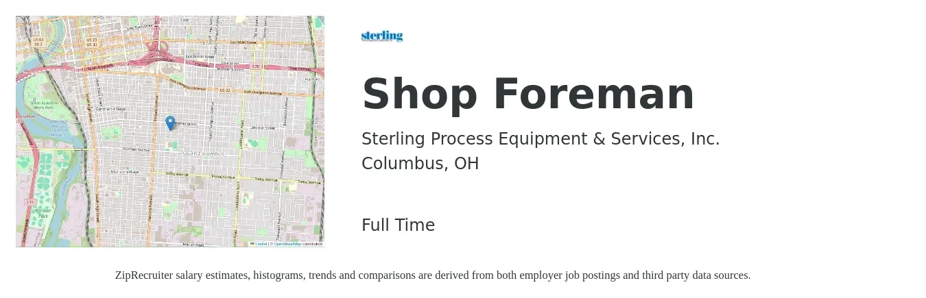 Sterling Process Equipment & Services, Inc. job posting for a Shop Foreman in Columbus, OH with a salary of $48,300 to $77,300 Yearly with a map of Columbus location.