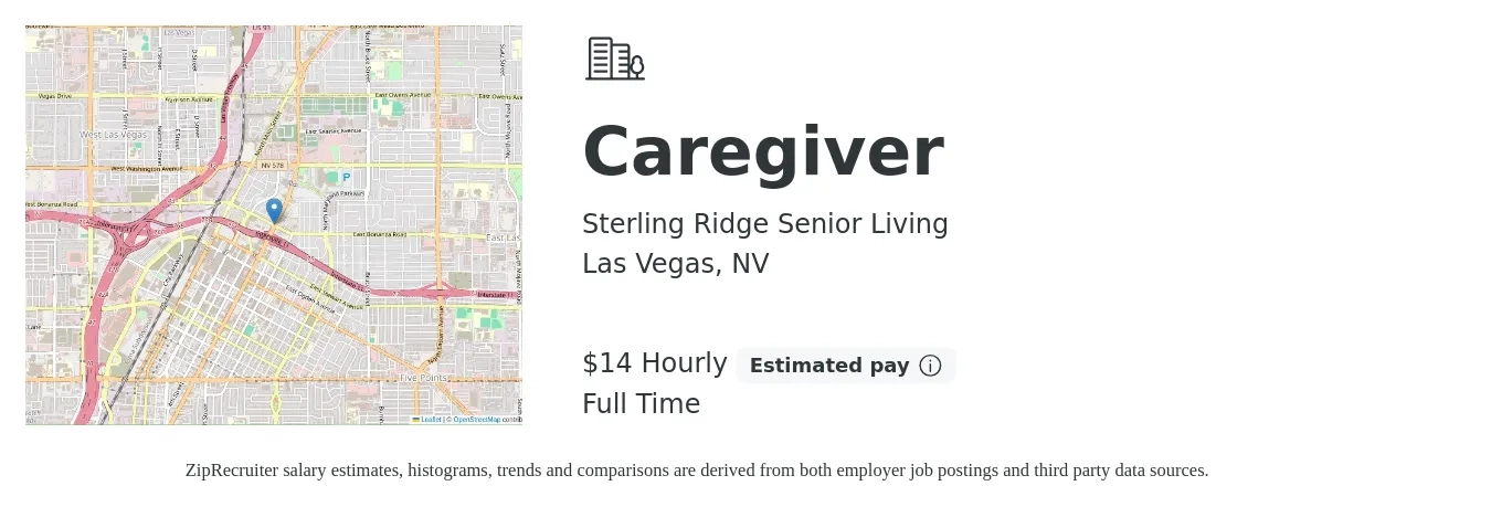Sterling Ridge Senior Living job posting for a Caregiver in Las Vegas, NV with a salary of $15 to $16 Hourly with a map of Las Vegas location.