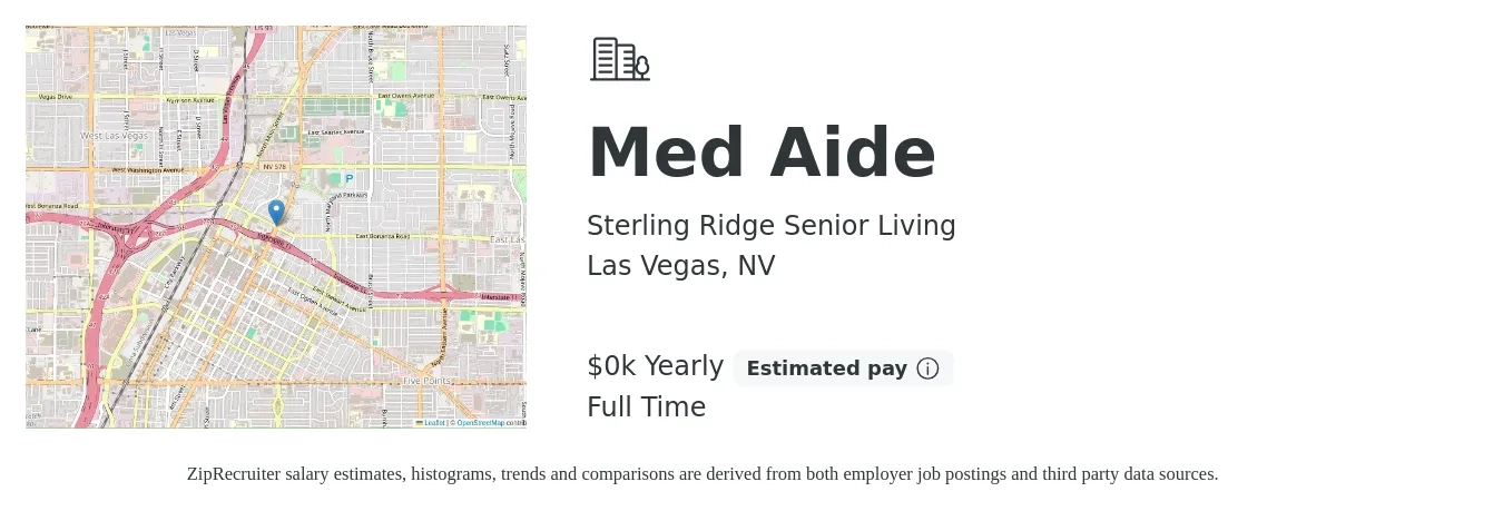 Sterling Ridge Senior Living job posting for a Med Aide in Las Vegas, NV with a salary of $16 to $16 Yearly with a map of Las Vegas location.