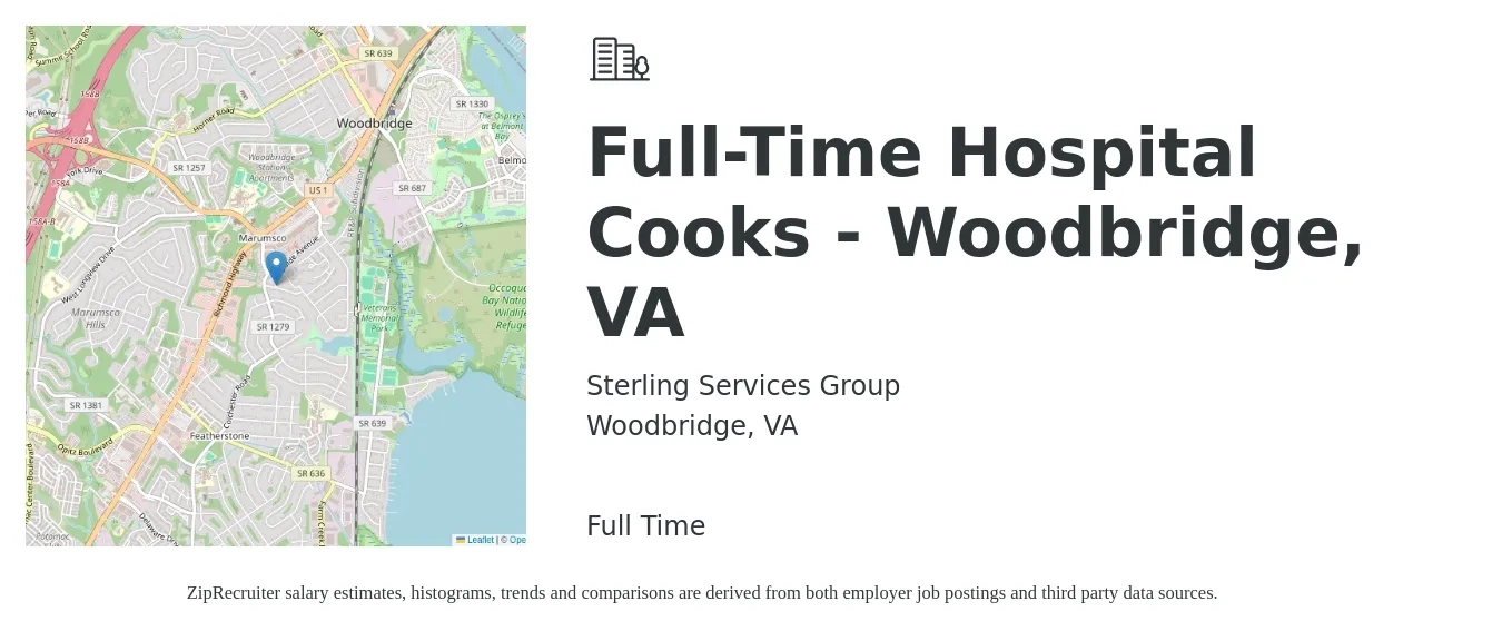 Sterling Services Group job posting for a Full-Time Hospital Cooks - Woodbridge, VA in Woodbridge, VA with a salary of $16 Hourly with a map of Woodbridge location.
