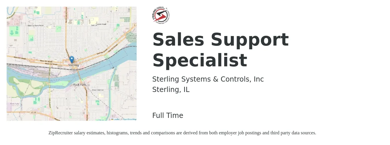 Sterling Systems & Controls, Inc job posting for a Sales Support Specialist in Sterling, IL with a salary of $21 to $29 Hourly with a map of Sterling location.