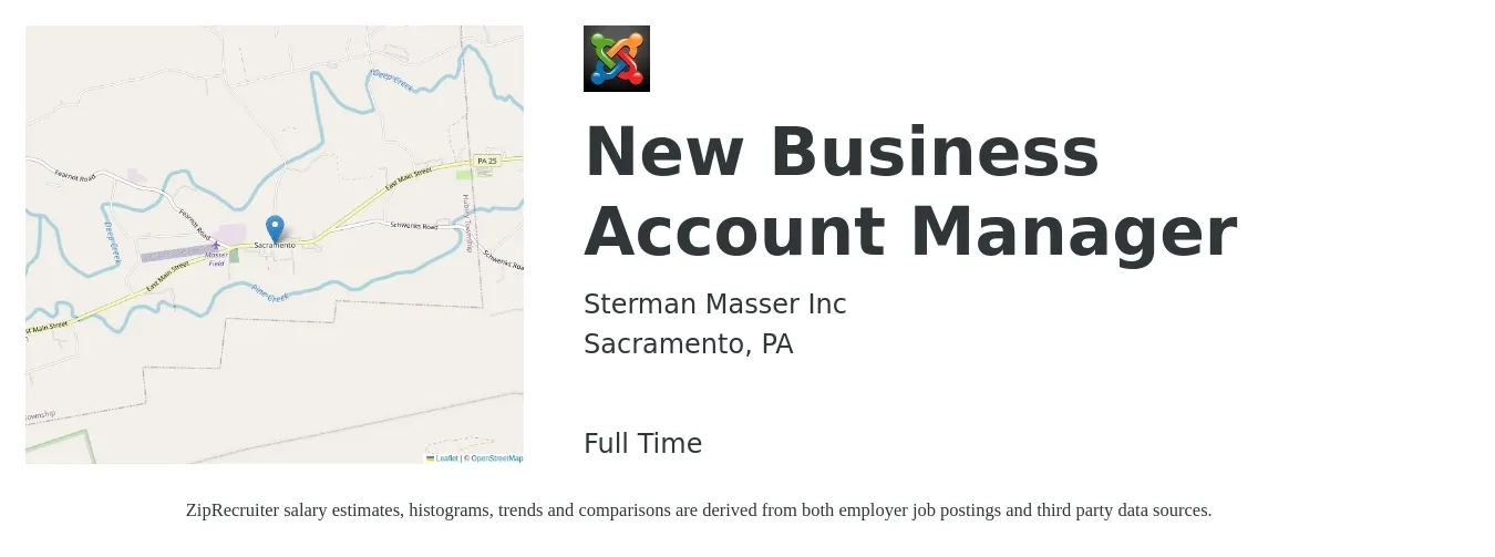 Sterman Masser Inc job posting for a New Business Account Manager in Sacramento, PA with a salary of $49,600 to $83,800 Yearly with a map of Sacramento location.