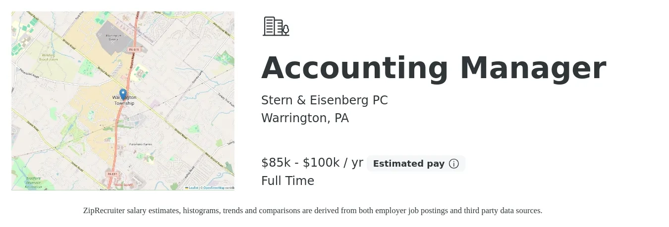 Stern & Eisenberg PC job posting for a Accounting Manager in Warrington, PA with a salary of $85,000 to $100,000 Yearly with a map of Warrington location.