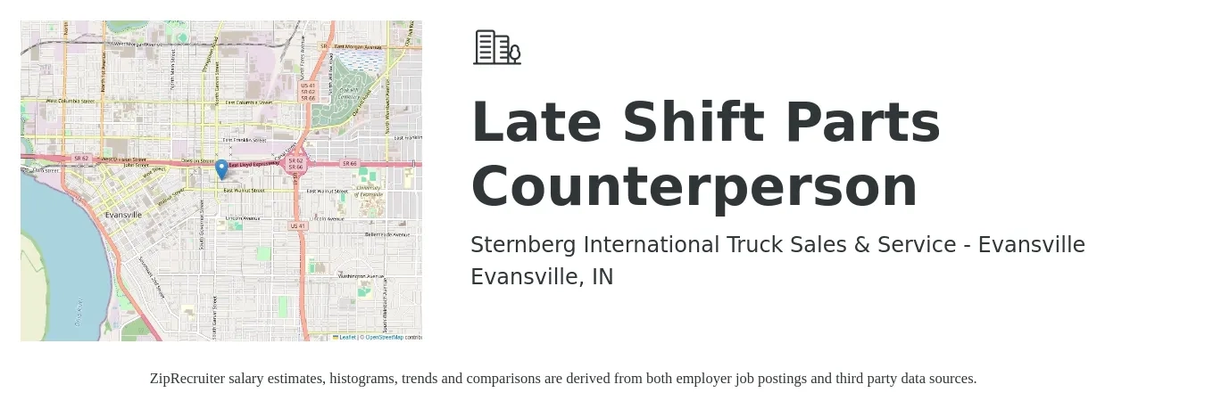 Sternberg International Truck Sales & Service - Evansville job posting for a Late Shift Parts Counterperson in Evansville, IN with a salary of $17 to $23 Hourly with a map of Evansville location.