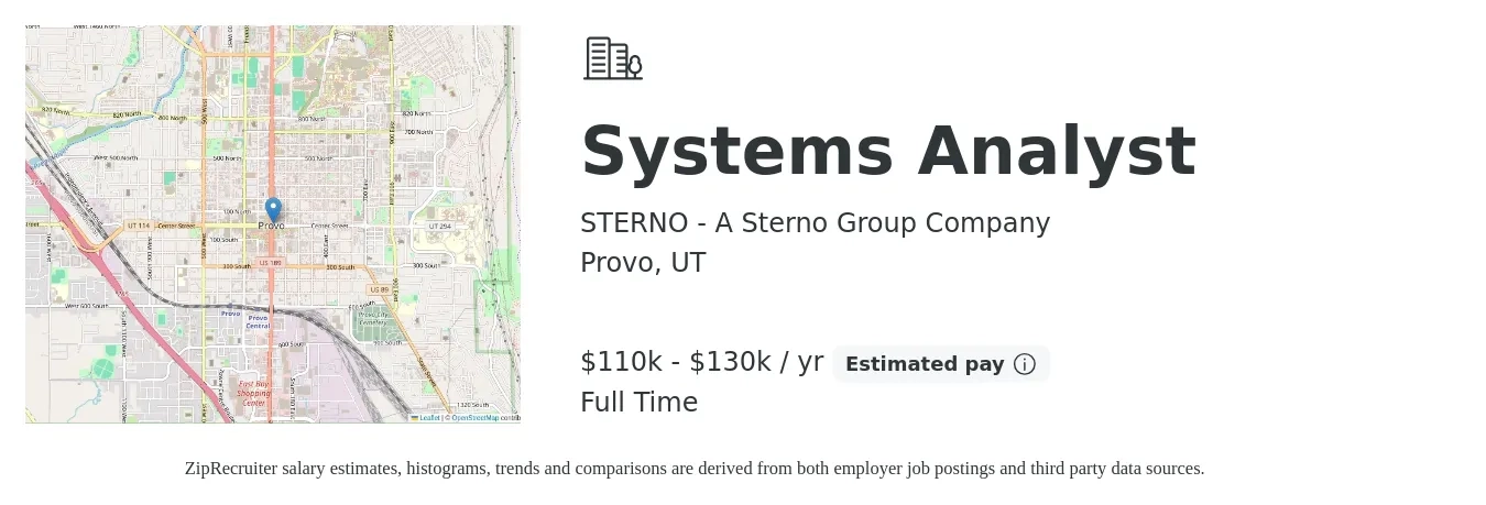 STERNO - A Sterno Group Company job posting for a Systems Analyst in Provo, UT with a salary of $110,000 to $130,000 Yearly with a map of Provo location.