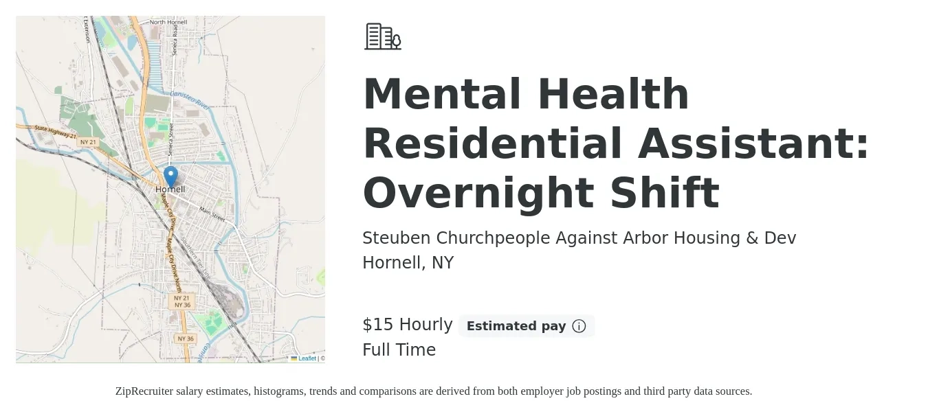 Steuben Churchpeople Against Arbor Housing & Dev job posting for a Mental Health Residential Assistant: Overnight Shift in Hornell, NY with a salary of $16 Hourly with a map of Hornell location.