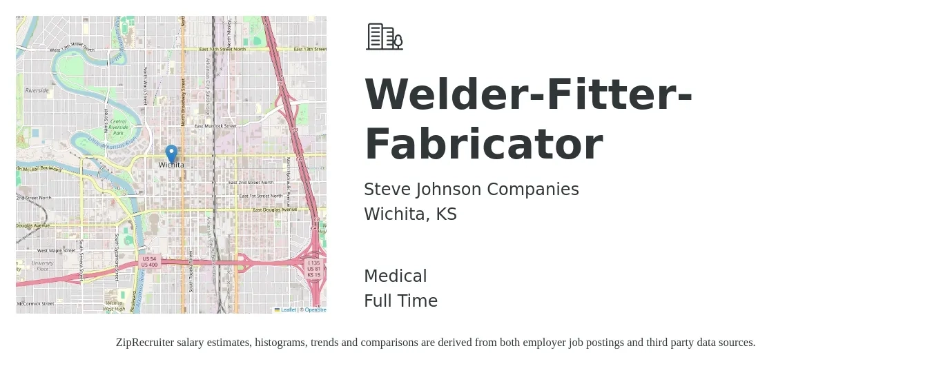 Steve Johnson Companies job posting for a Welder-Fitter-Fabricator in Wichita, KS with a salary of $19 to $24 Hourly and benefits including medical, and retirement with a map of Wichita location.