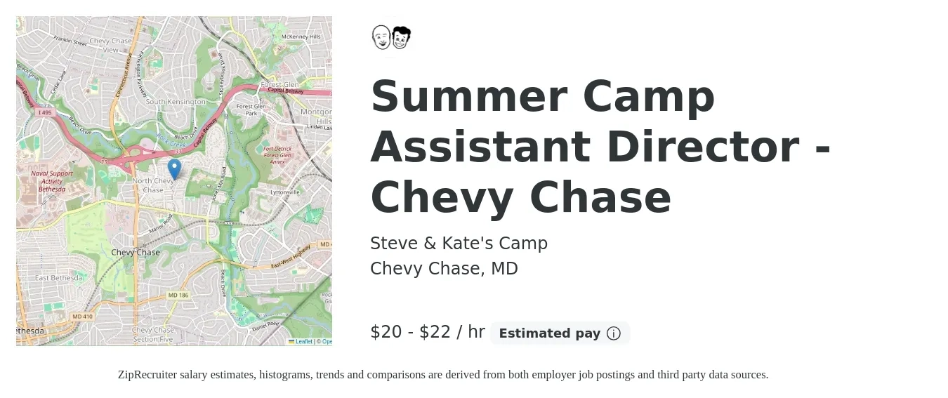 Steve & Kate's Camp job posting for a Summer Camp Assistant Director - Chevy Chase in Chevy Chase, MD with a salary of $21 to $24 Hourly with a map of Chevy Chase location.