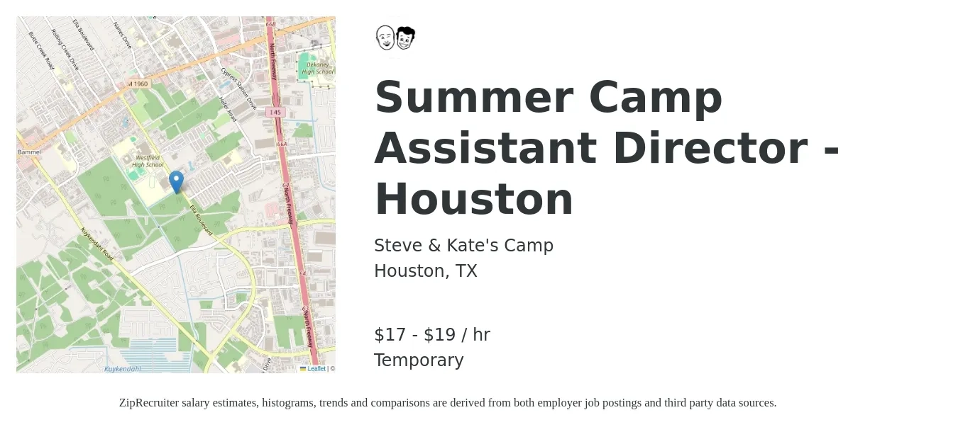 Steve & Kate's Camp job posting for a Summer Camp Assistant Director - Houston in Houston, TX with a salary of $18 to $21 Hourly with a map of Houston location.