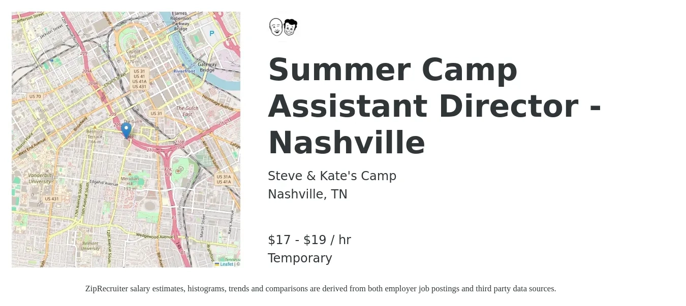 Steve & Kate's Camp job posting for a Summer Camp Assistant Director - Nashville in Nashville, TN with a salary of $18 to $21 Hourly with a map of Nashville location.