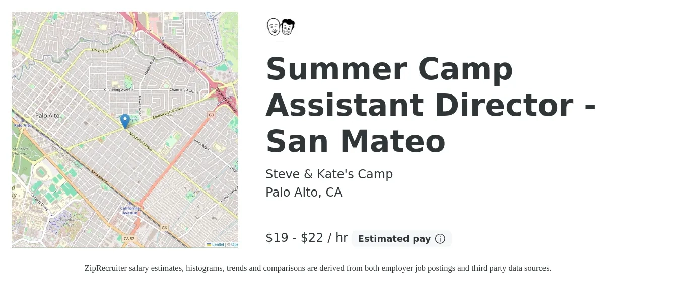 Steve & Kate's Camp job posting for a Summer Camp Assistant Director - San Mateo in Palo Alto, CA with a salary of $20 to $23 Hourly with a map of Palo Alto location.