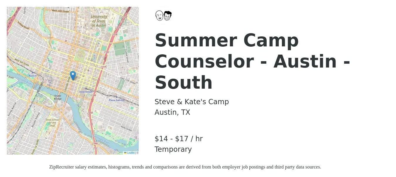 Steve & Kate's Camp job posting for a Summer Camp Counselor - Austin - South in Austin, TX with a salary of $16 to $18 Hourly with a map of Austin location.