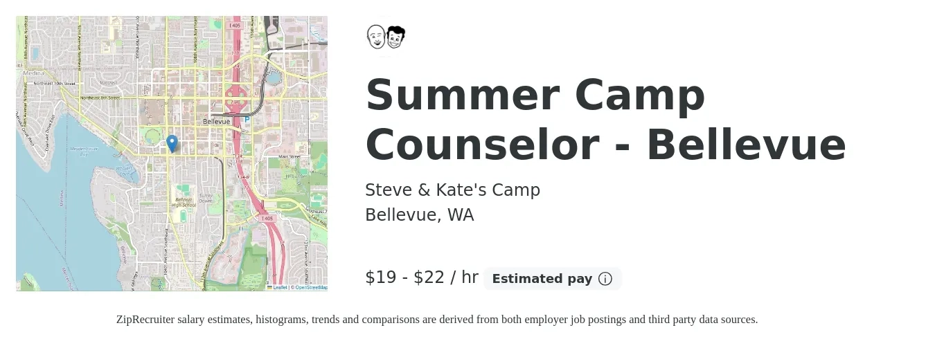 Steve & Kate's Camp job posting for a Summer Camp Counselor - Bellevue in Bellevue, WA with a salary of $21 to $23 Hourly with a map of Bellevue location.