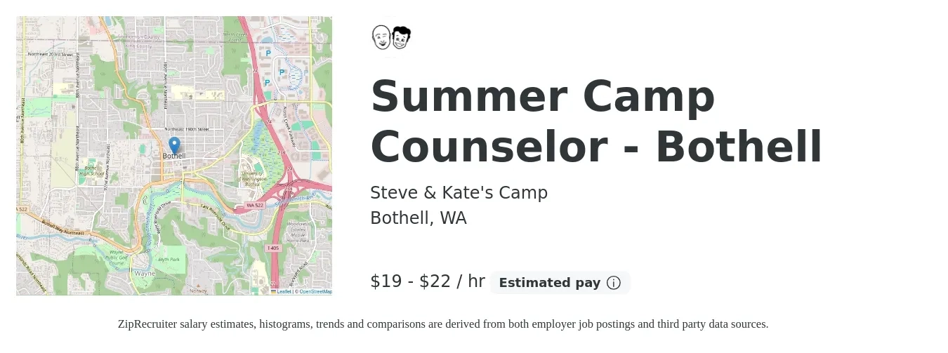 Steve & Kate's Camp job posting for a Summer Camp Counselor - Bothell in Bothell, WA with a salary of $21 to $23 Hourly with a map of Bothell location.