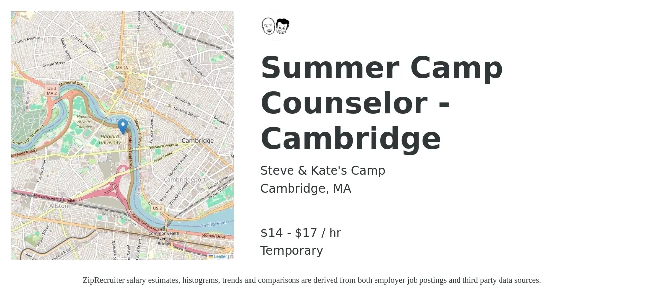 Steve & Kate's Camp job posting for a Summer Camp Counselor - Cambridge in Cambridge, MA with a salary of $16 to $18 Hourly with a map of Cambridge location.