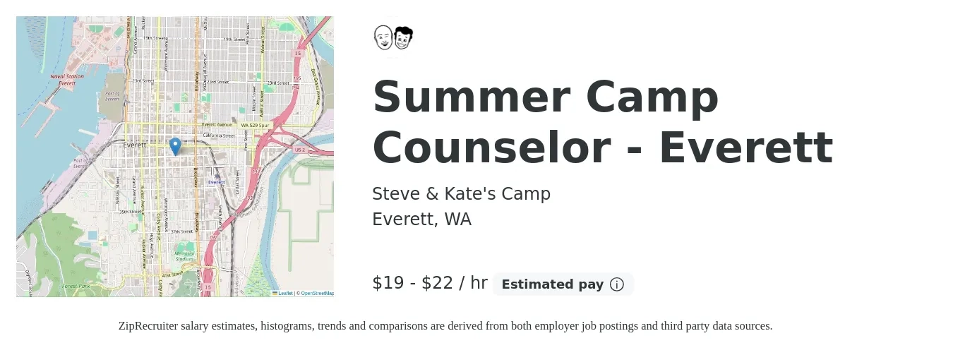 Steve & Kate's Camp job posting for a Summer Camp Counselor - Everett in Everett, WA with a salary of $21 to $23 Hourly with a map of Everett location.