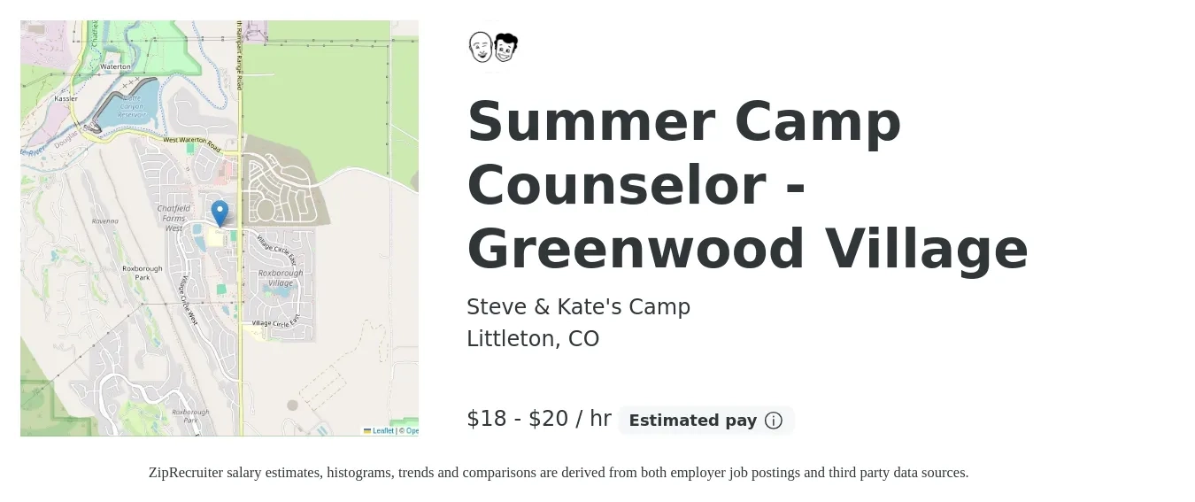 Steve & Kate's Camp job posting for a Summer Camp Counselor - Greenwood Village in Littleton, CO with a salary of $19 to $22 Hourly with a map of Littleton location.