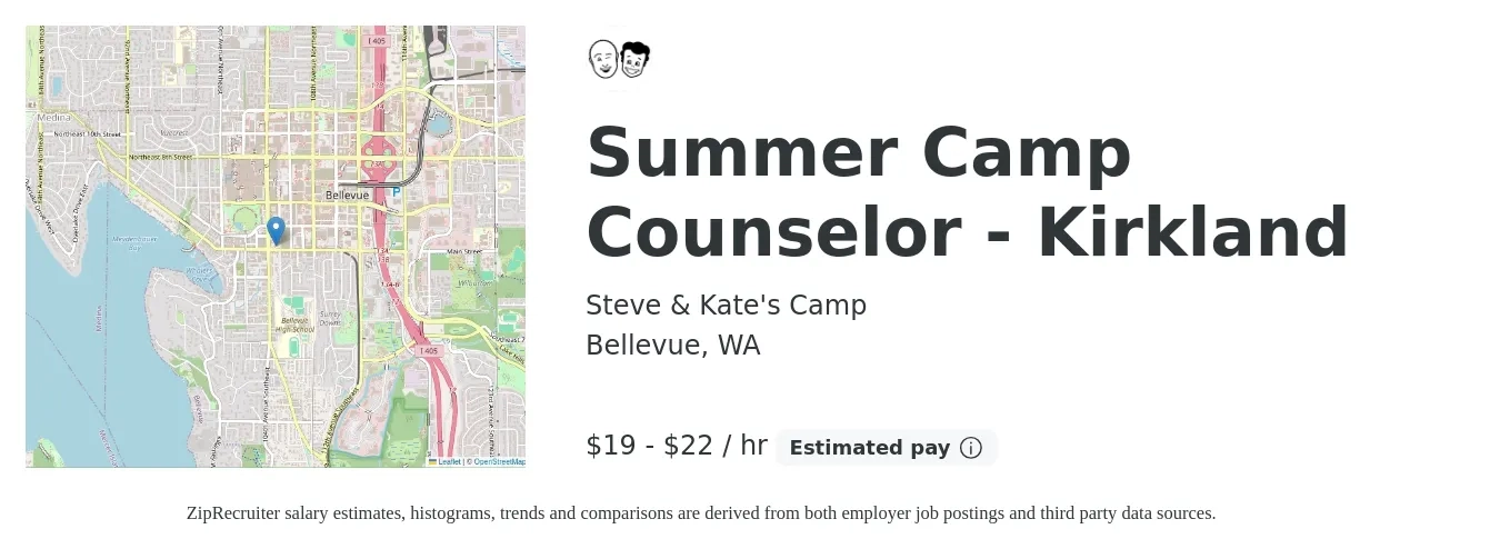 Steve & Kate's Camp job posting for a Summer Camp Counselor - Kirkland in Bellevue, WA with a salary of $21 to $23 Hourly with a map of Bellevue location.