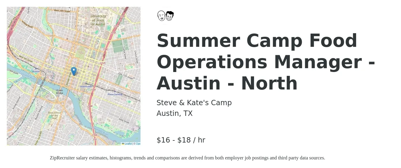 Steve & Kate's Camp job posting for a Summer Camp Food Operations Manager - Austin - North in Austin, TX with a salary of $17 to $20 Hourly with a map of Austin location.