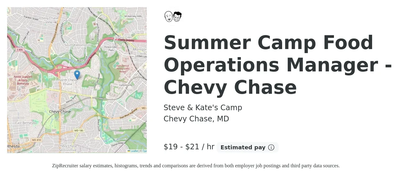 Steve & Kate's Camp job posting for a Summer Camp Food Operations Manager - Chevy Chase in Chevy Chase, MD with a salary of $20 to $22 Hourly with a map of Chevy Chase location.