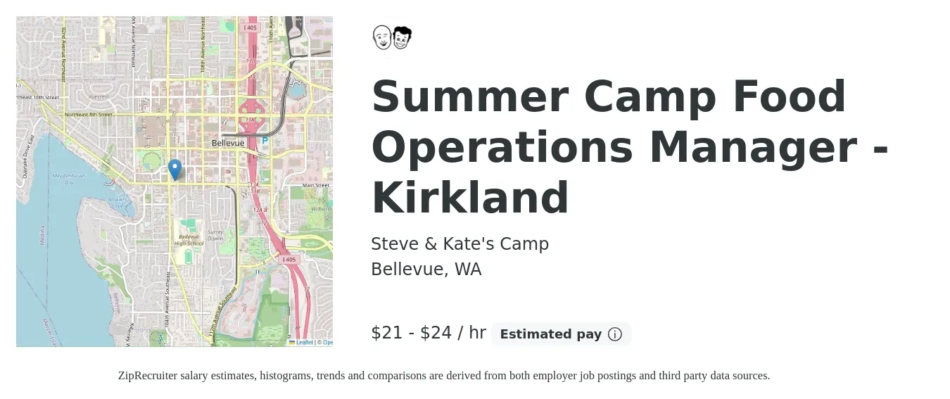 Steve & Kate's Camp job posting for a Summer Camp Food Operations Manager - Kirkland in Bellevue, WA with a salary of $22 to $25 Hourly with a map of Bellevue location.