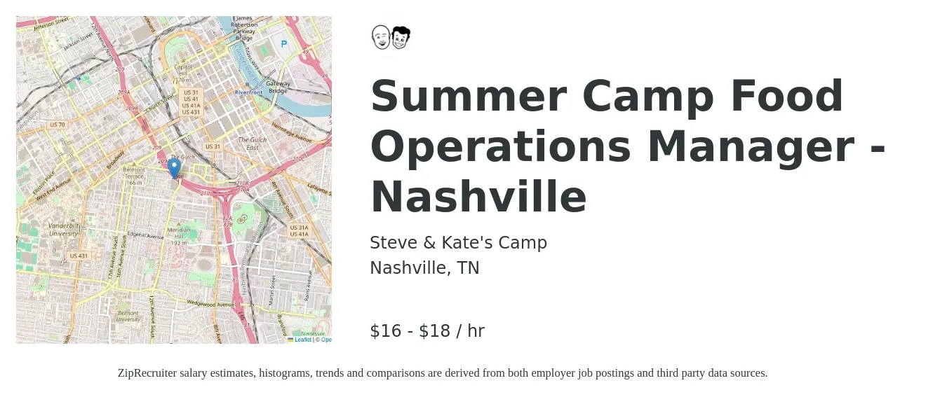 Steve & Kate's Camp job posting for a Summer Camp Food Operations Manager - Nashville in Nashville, TN with a salary of $17 to $20 Hourly with a map of Nashville location.