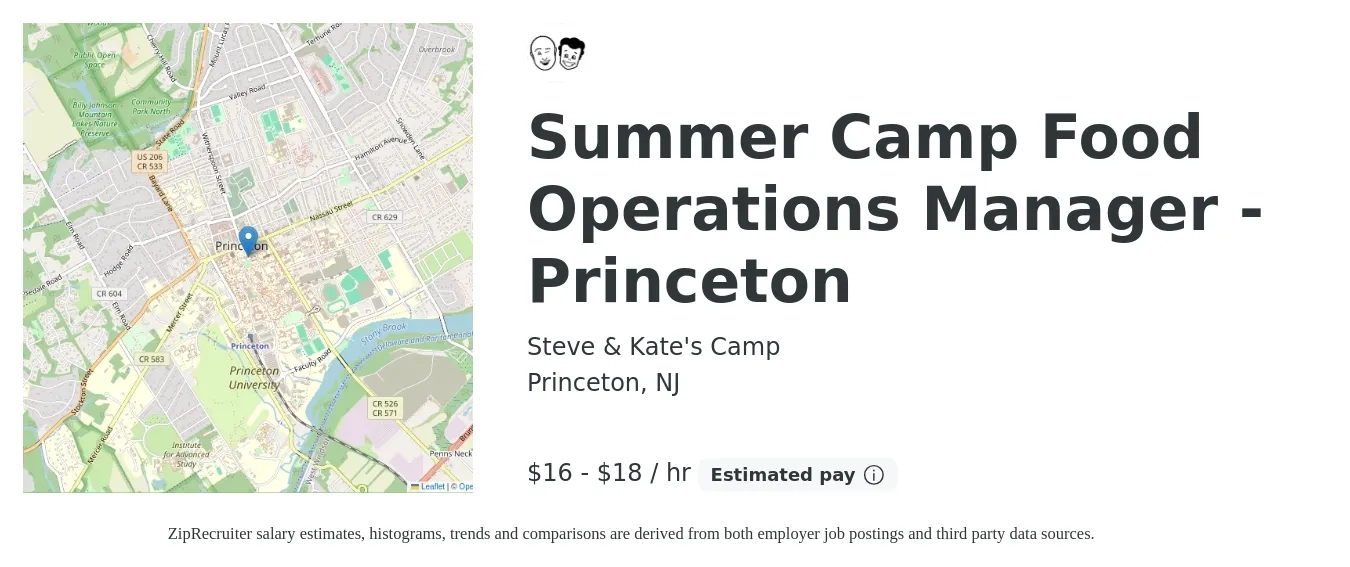 Steve & Kate's Camp job posting for a Summer Camp Food Operations Manager - Princeton in Princeton, NJ with a salary of $17 to $20 Hourly with a map of Princeton location.
