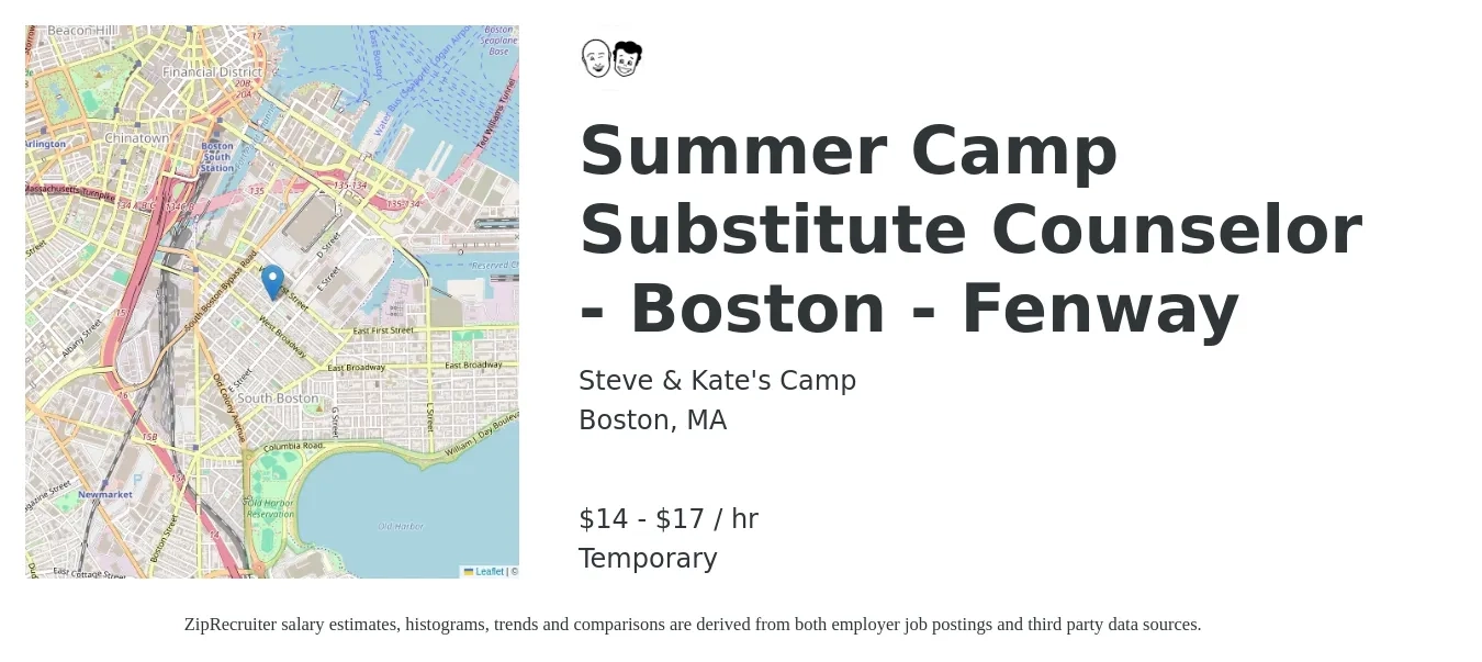 Steve & Kate's Camp job posting for a Summer Camp Substitute Counselor - Boston - Fenway in Boston, MA with a salary of $16 to $18 Hourly with a map of Boston location.