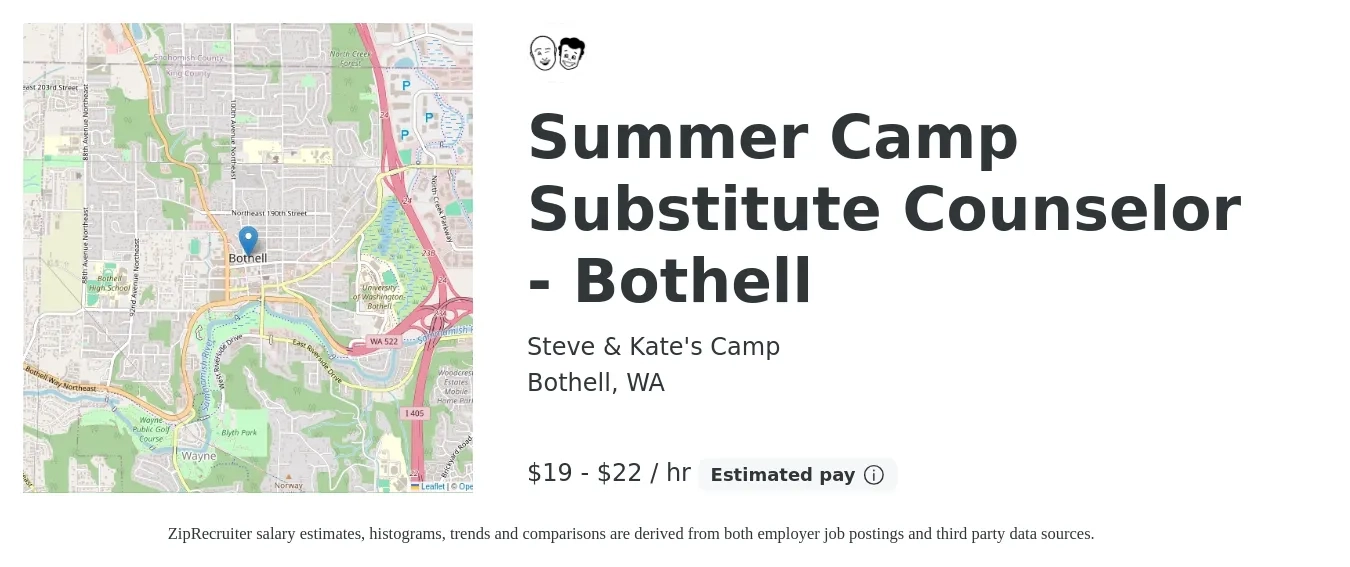 Steve & Kate's Camp job posting for a Summer Camp Substitute Counselor - Bothell in Bothell, WA with a salary of $21 to $23 Hourly with a map of Bothell location.