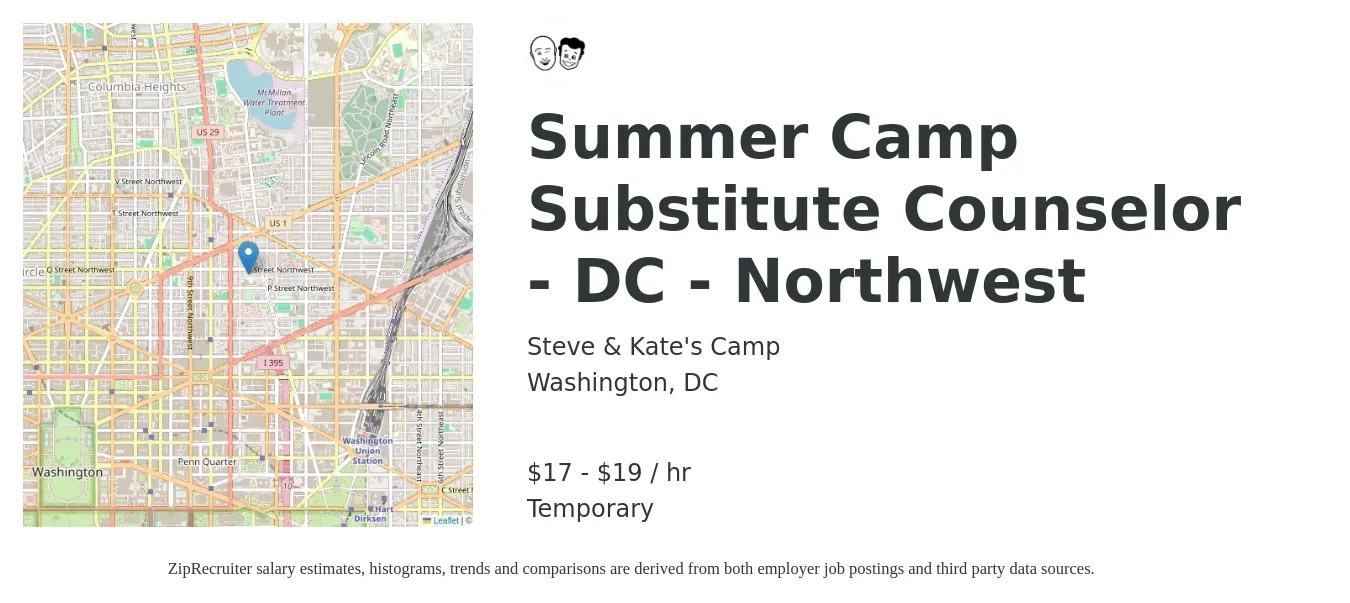 Steve & Kate's Camp job posting for a Summer Camp Substitute Counselor - DC - Northwest in Washington, DC with a salary of $18 to $21 Hourly with a map of Washington location.