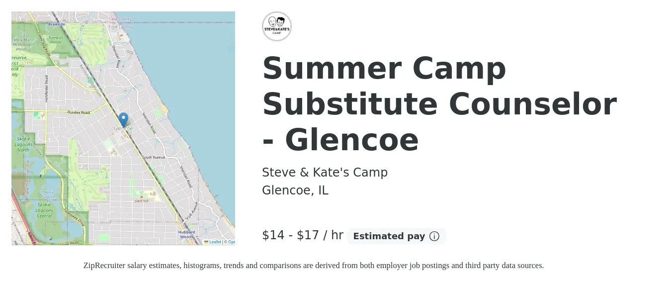 Steve & Kate's Camp job posting for a Summer Camp Substitute Counselor - Glencoe in Glencoe, IL with a salary of $16 to $18 Hourly with a map of Glencoe location.