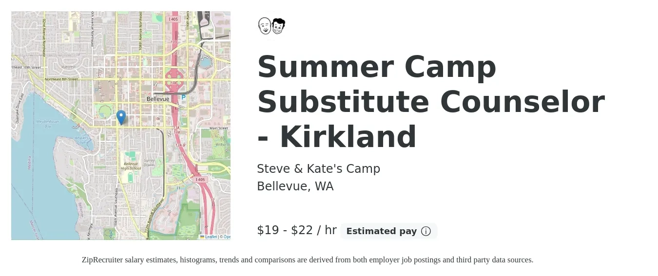 Steve & Kate's Camp job posting for a Summer Camp Substitute Counselor - Kirkland in Bellevue, WA with a salary of $21 to $23 Hourly with a map of Bellevue location.