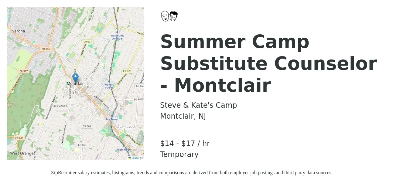 Steve & Kate's Camp job posting for a Summer Camp Substitute Counselor - Montclair in Montclair, NJ with a salary of $16 to $18 Hourly with a map of Montclair location.