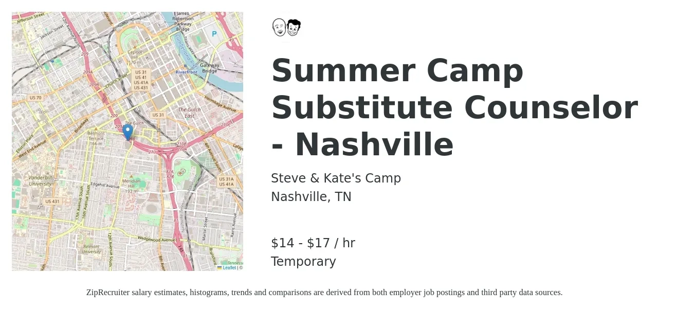 Steve & Kate's Camp job posting for a Summer Camp Substitute Counselor - Nashville in Nashville, TN with a salary of $16 to $18 Hourly with a map of Nashville location.