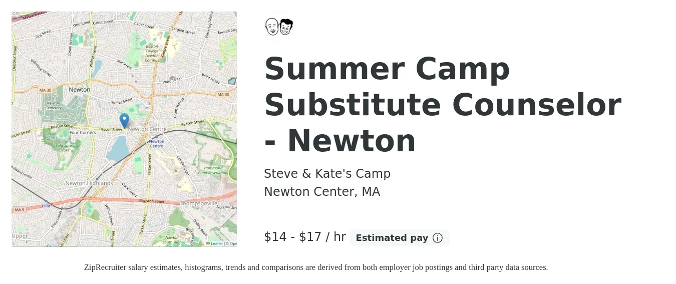 Steve & Kate's Camp job posting for a Summer Camp Substitute Counselor - Newton in Newton Center, MA with a salary of $16 to $18 Hourly with a map of Newton Center location.