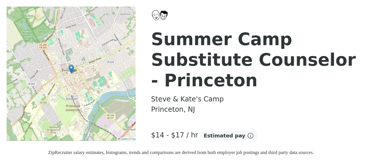Steve & Kate's Camp job posting for a Summer Camp Substitute Counselor - Princeton in Princeton, NJ with a salary of $16 to $18 Hourly with a map of Princeton location.