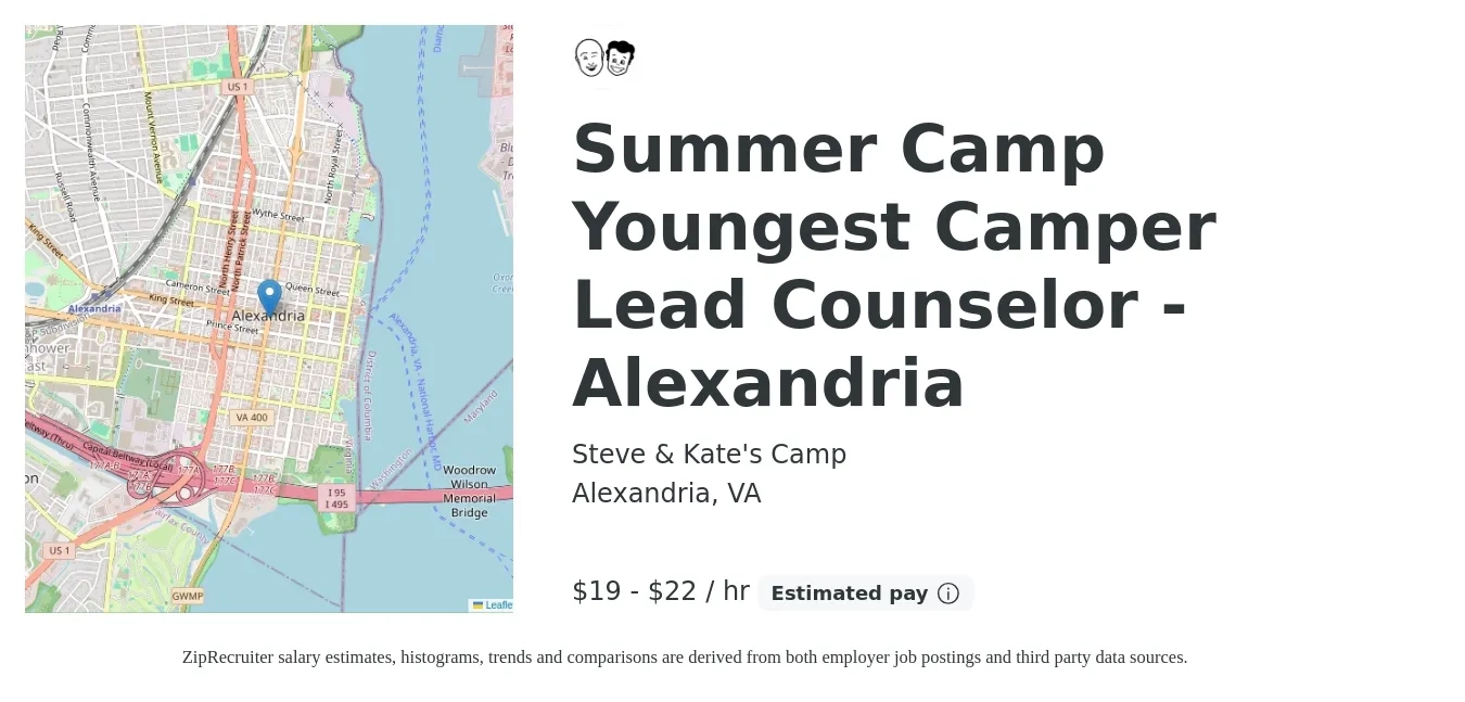 Steve & Kate's Camp job posting for a Summer Camp Youngest Camper Lead Counselor - Alexandria in Alexandria, VA with a salary of $20 to $23 Hourly with a map of Alexandria location.