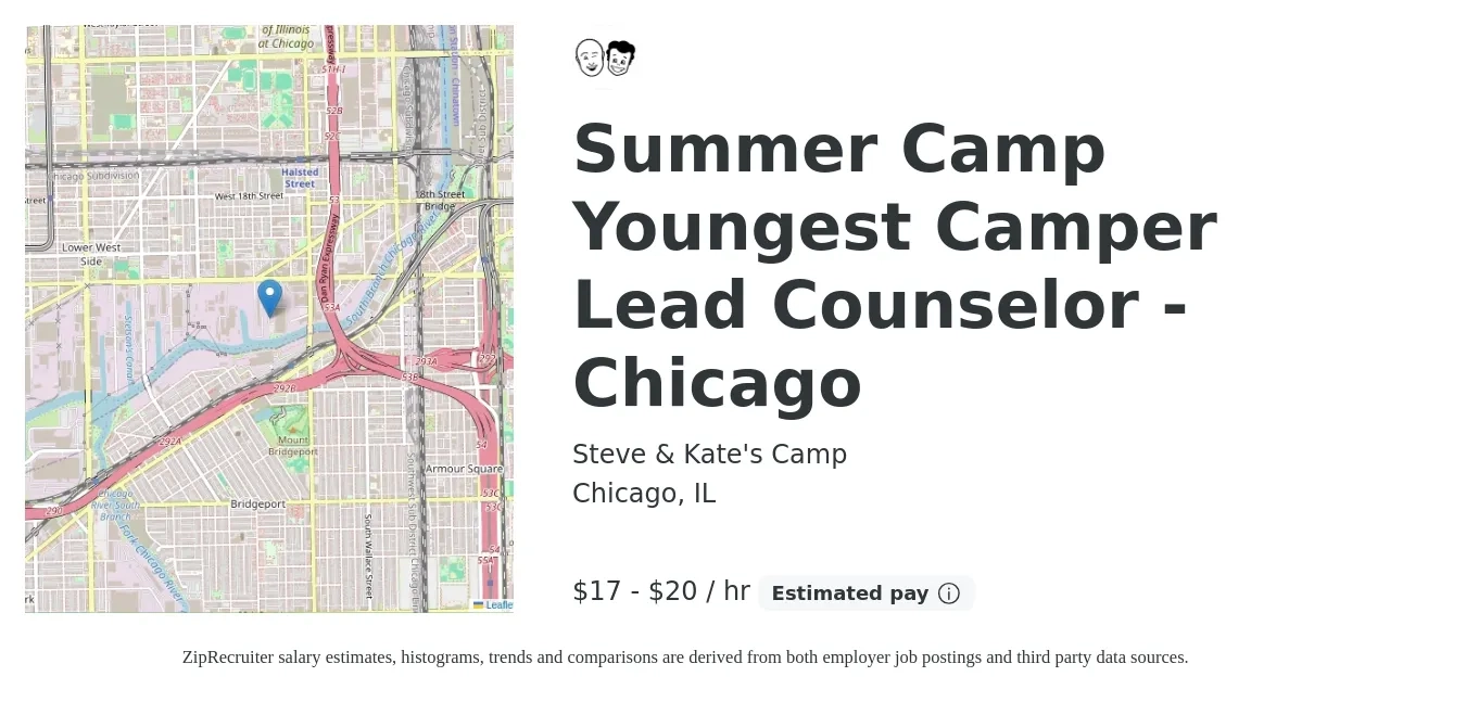 Steve & Kate's Camp job posting for a Summer Camp Youngest Camper Lead Counselor - Chicago in Chicago, IL with a salary of $18 to $21 Hourly with a map of Chicago location.